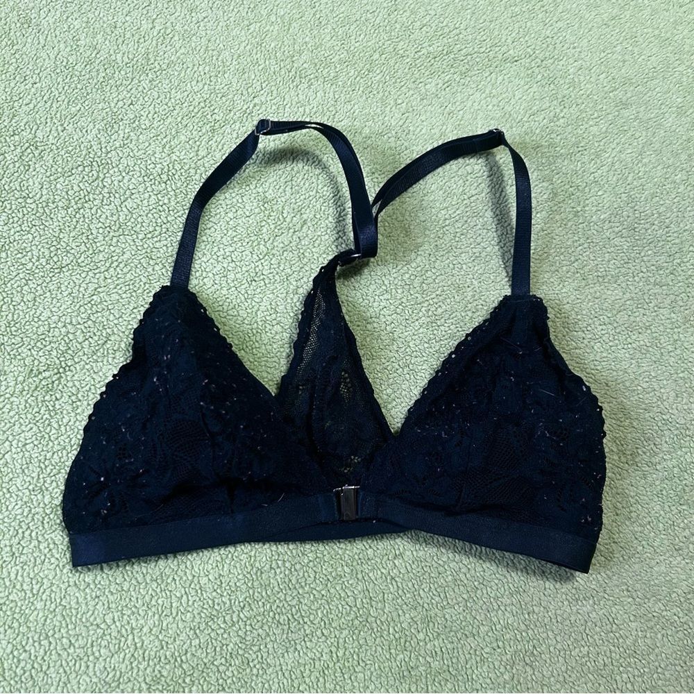 Black Stretchy Lace Triangle Bralette with front clasp